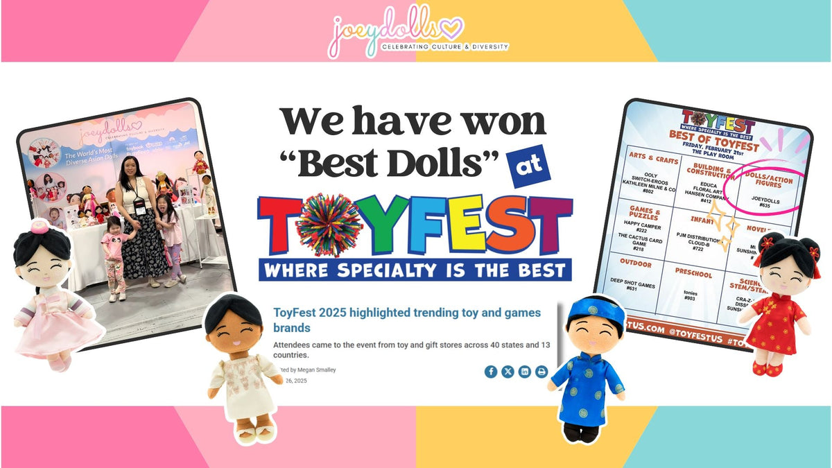 Joeydolls wins ‘Best Dolls’ award at ToyFest 2025. The image features a booth display with diverse Asian dolls, a woman with two children, colorful ToyFest branding, and the award listing showing Joeydolls under the Dolls/Action Figures category.