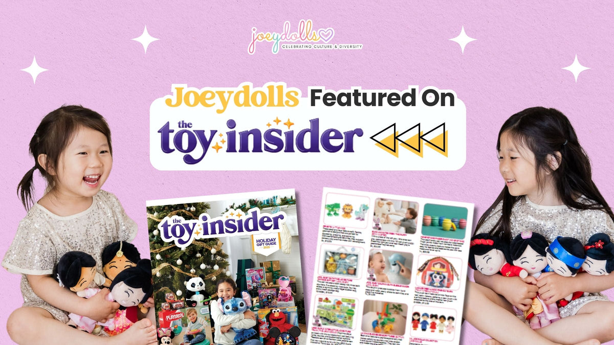 Two young girls smiling while holding Joeydolls plush dolls, with Toy Insider’s 2025 Holiday Gift Guide shown. Text reads “Joeydolls Featured on Toy Insider.