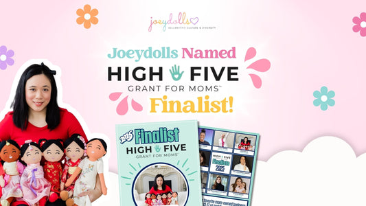 Samantha Ong, founder of Joeydolls, smiling while holding a collection of Asian cultural dolls dressed in traditional outfits. The text reads: βWe need your vote to help us bring more representation.β