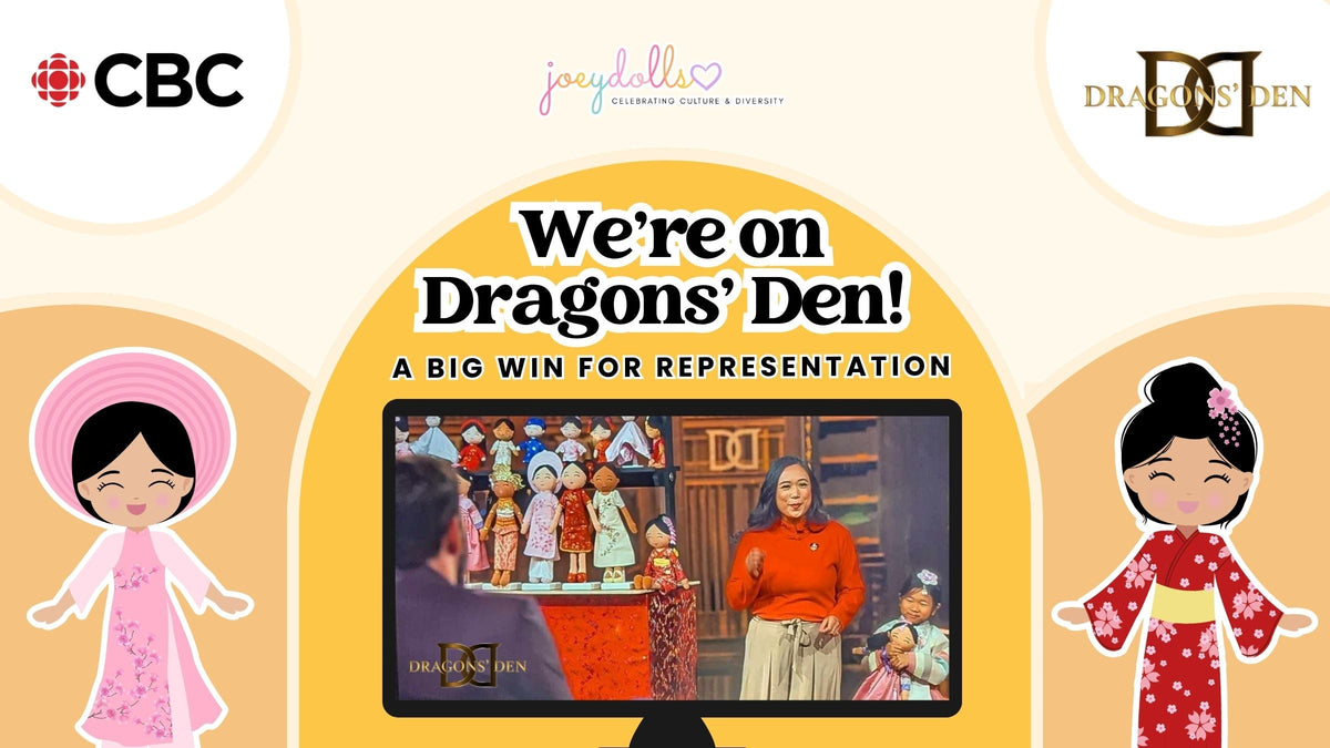 Joeydolls promotional graphic featuring Asian cultural dolls and the announcement of their appearance on Dragons’ Den.