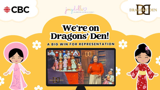 Joeydolls promotional graphic featuring Asian cultural dolls and the announcement of their appearance on Dragonsβ Den.
