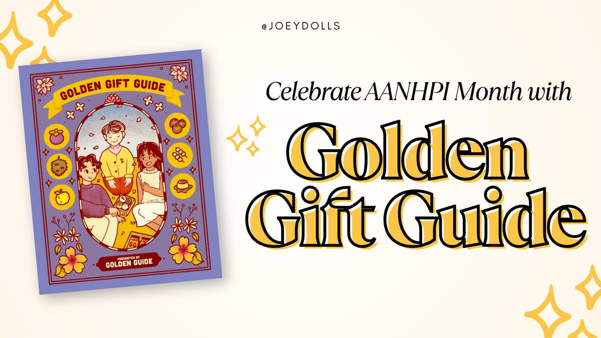Illustration of the 2025 Golden Gift Guide cover featuring three diverse children sitting together with cultural icons around them. Text reads: