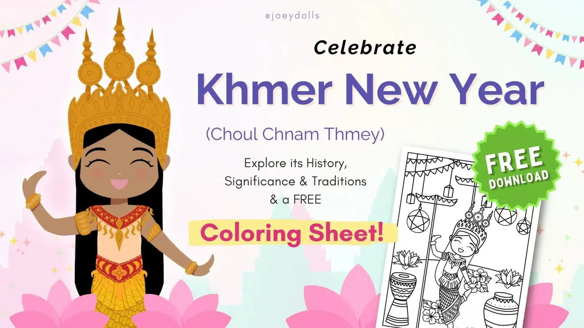 Illustration of Joeydolls Cambodian doll in traditional Apsara outfit with a free coloring sheet