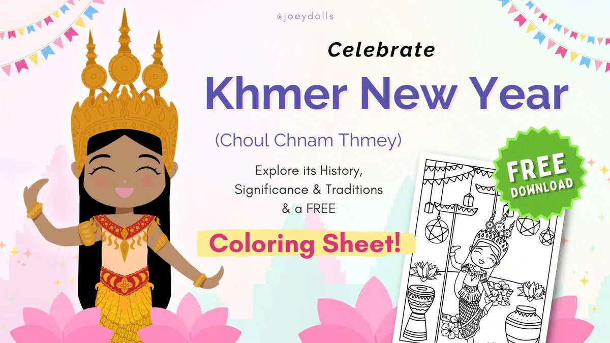 Illustration of Joeydolls Cambodian doll in traditional Apsara outfit with a free coloring sheet