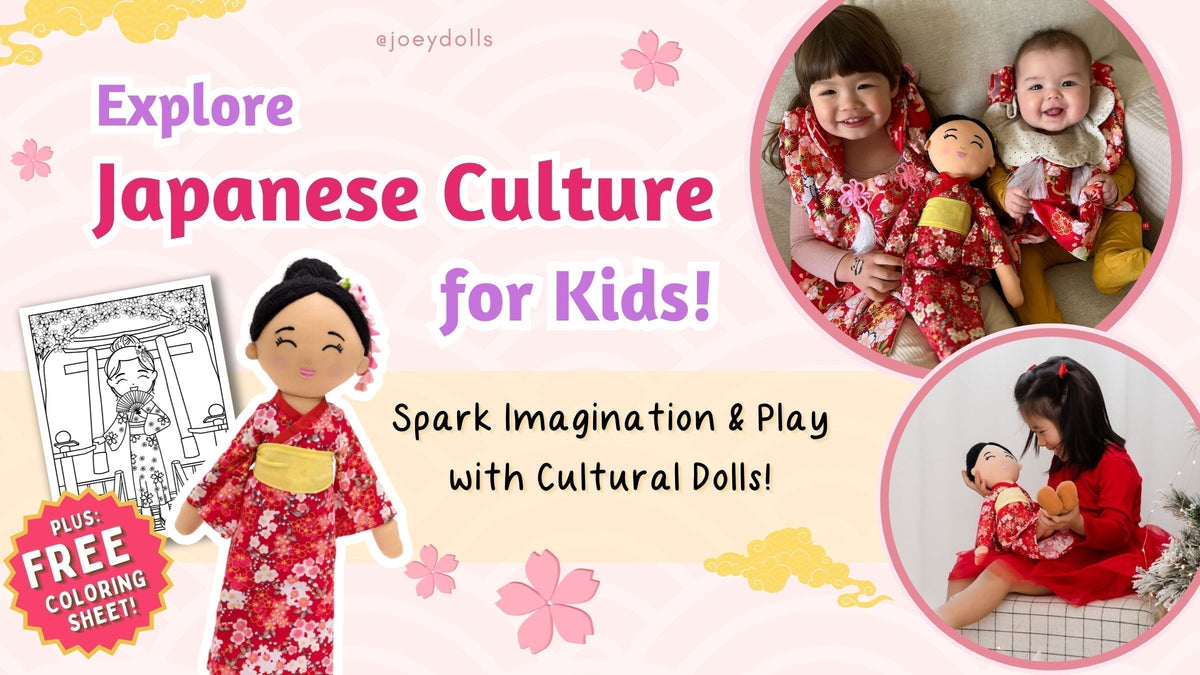 Three young girls smiling while playing with Joeydolls’ Aiko doll dressed in a red kimono, with text 'explore japanese culture for kids' and promoting a free downloadable coloring sheet.