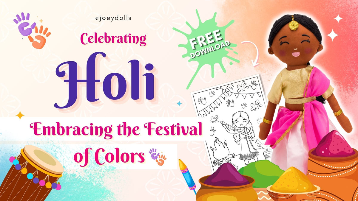 Joeydolls Kamala doll with colorful Holi decorations and colouring sheet.