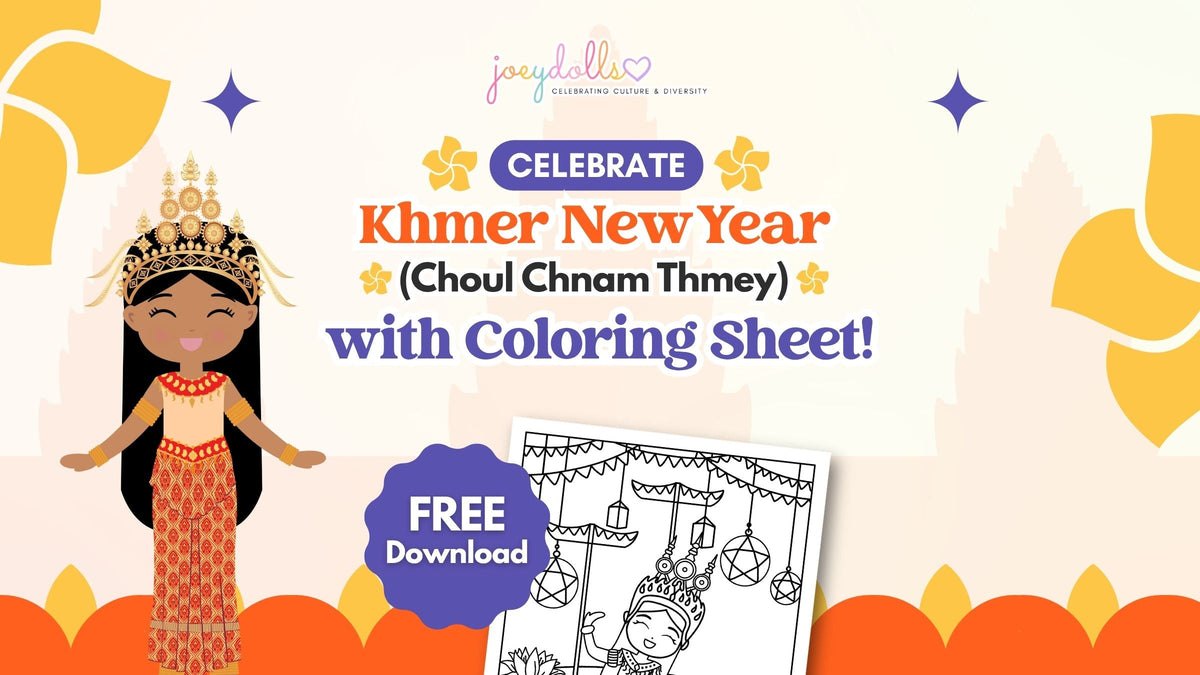 Illustration of Joeydolls Cambodian doll in traditional Apsara outfit with a free coloring sheet
