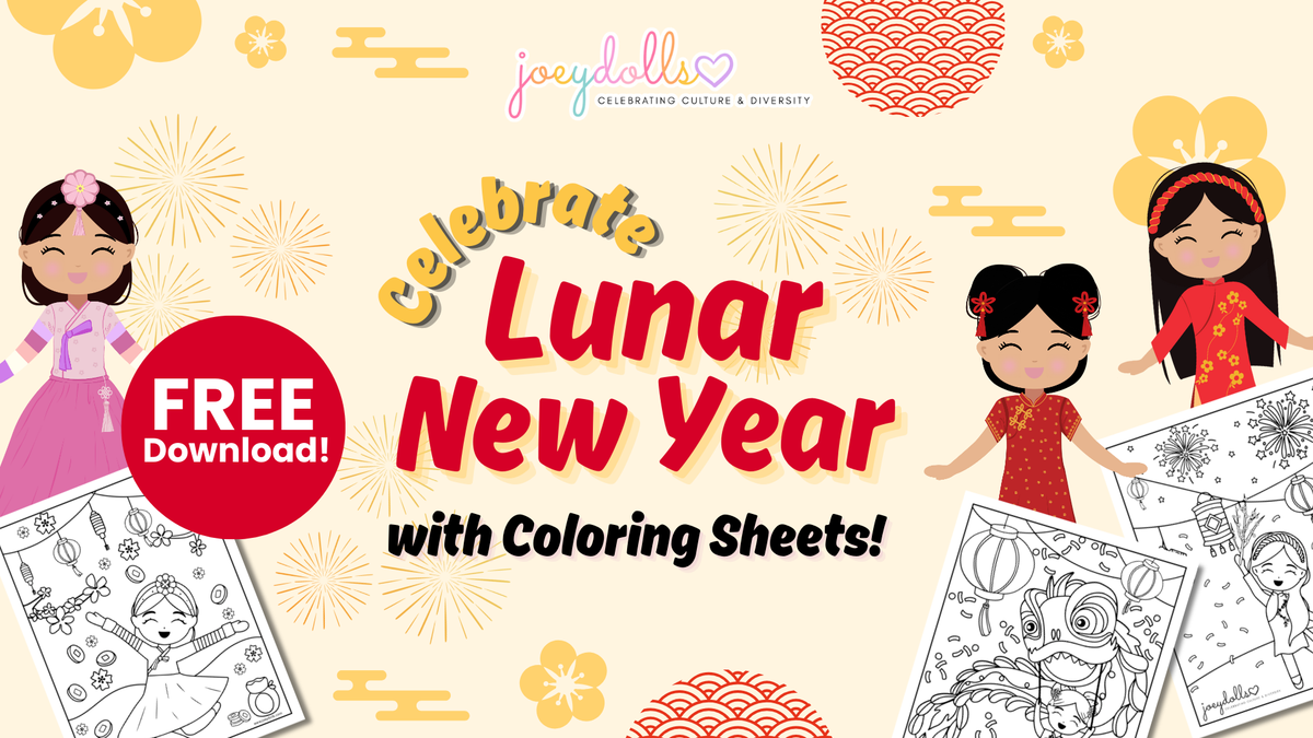 Free Lunar New Year activity download from Joeydolls with dolls dressed in traditional Chinese, Korean, and Vietnamese outfits