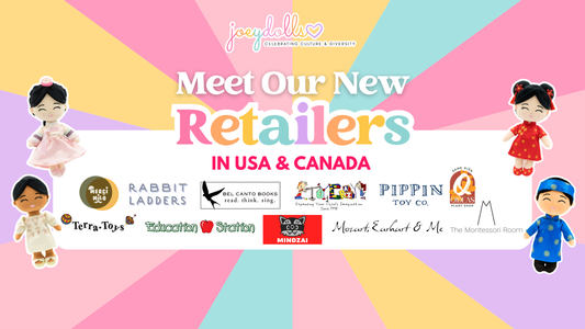 Joeydolls Meet Our New Retailers banner featuring Asian-American dolls in cultural outfits alongside logos of partner stores.