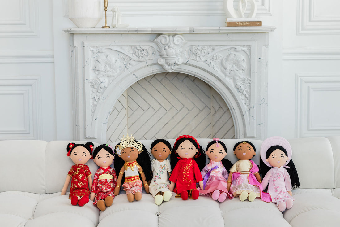 A row of Joeydolls cultural dolls