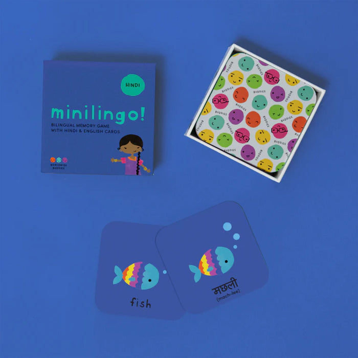 Minilingo flashcards set with open box and illustrated cards showing bilingual vocabulary