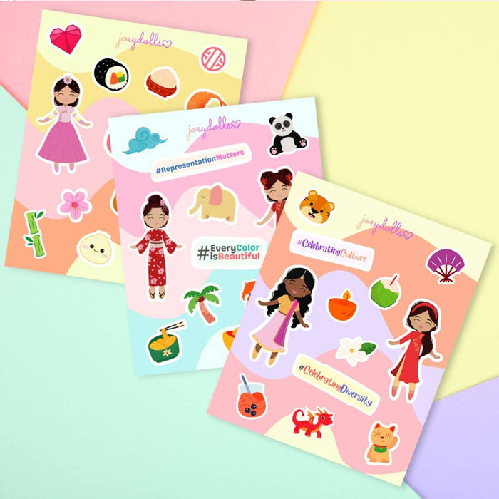 Asian Treasure Icon sticker sheets displayed in an angled layout, showing multiple themed sheets featuring girls in traditional Asian outfits alongside cultural icons such as food, animals, festive elements, and decorative symbols, illustrated in a cute and playful style.