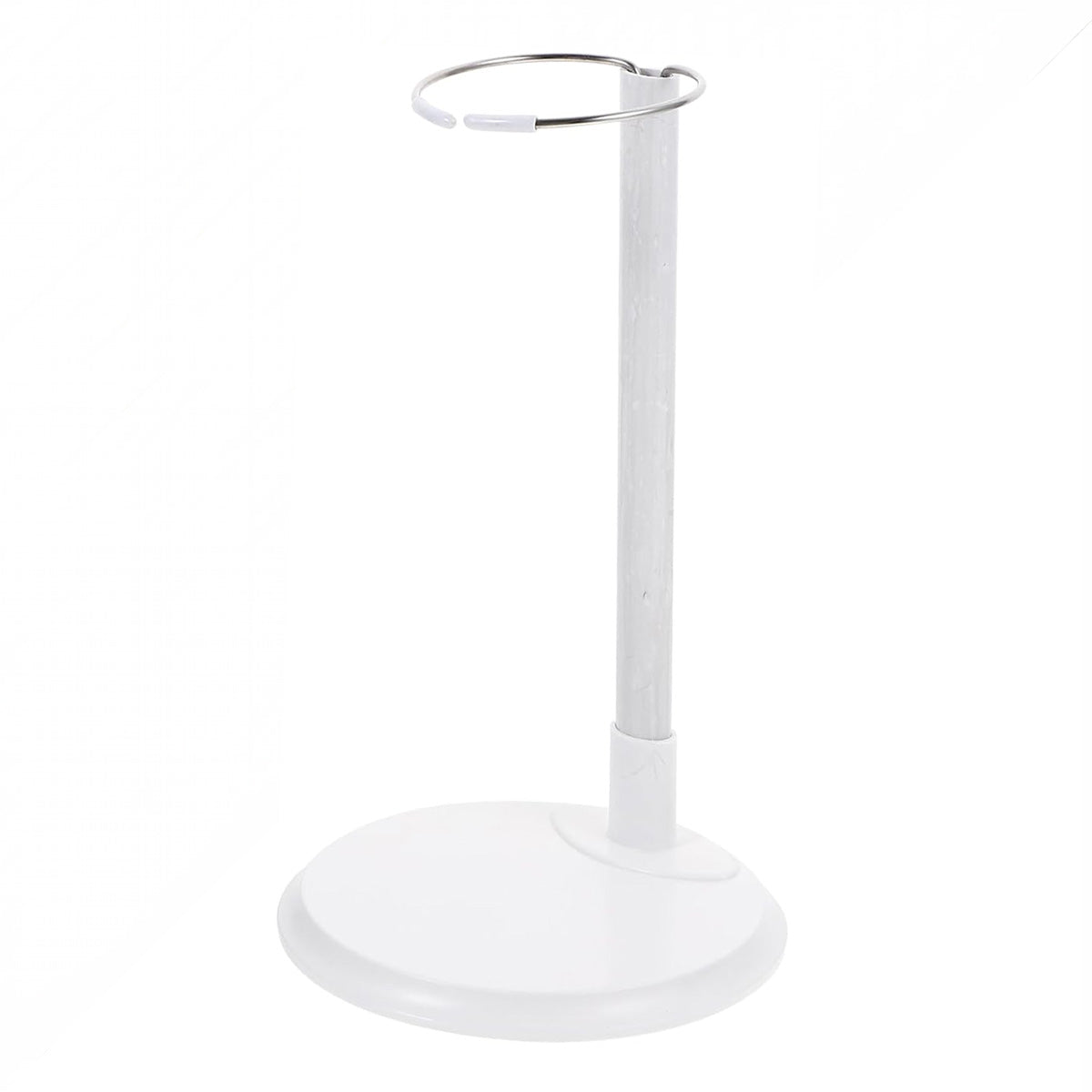 Doll stand featuring a white stand with a round base, vertical support, and a circular top holder to hold a doll upright, shown from an angled view.