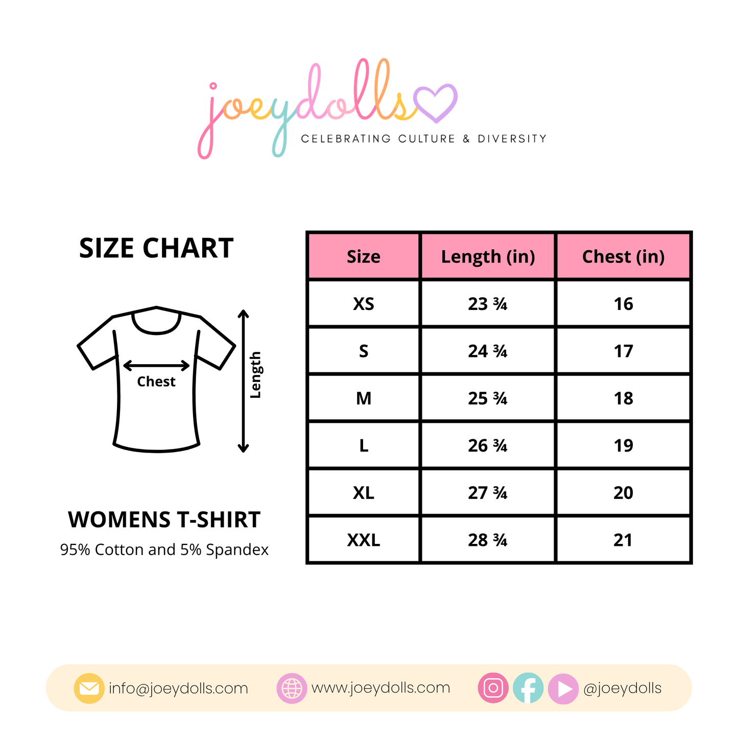 Size chart for women's t-shirts by Joeydolls on a white background