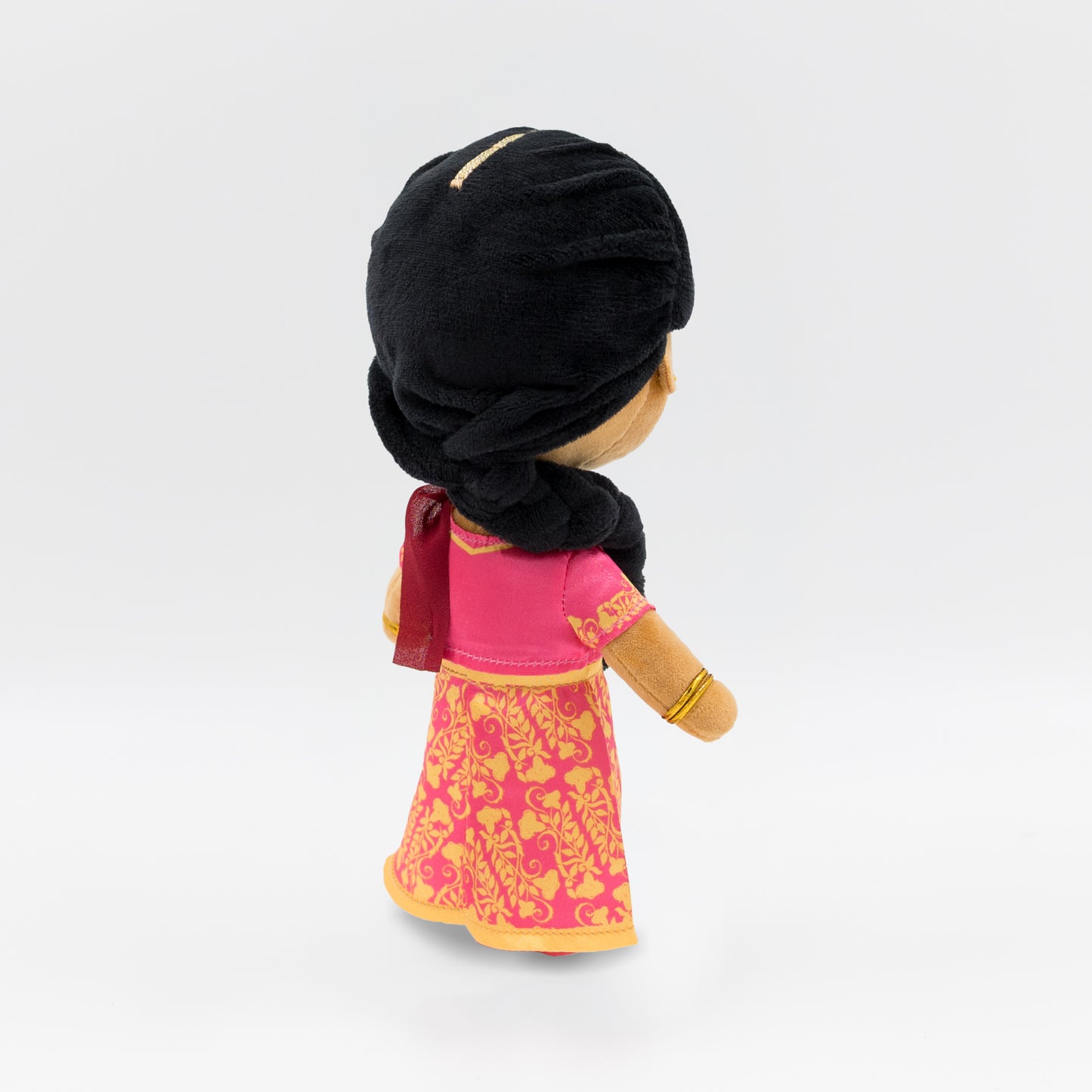 Back of Priya, the Indian mini doll, highlighting her long black braid and detailed saree design — a screen-free cultural toy for early childhood learning.