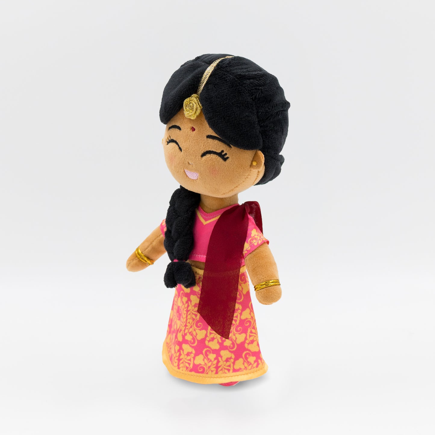 Right side view of Priya, the Indian representation doll, featuring a soft fabric saree, gold bangle details, and stitched facial features — ideal for inclusive play.