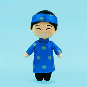 Joeydolls Minh, a 9-inch Vietnamese boy doll in a blue áo dài and khăn đóng