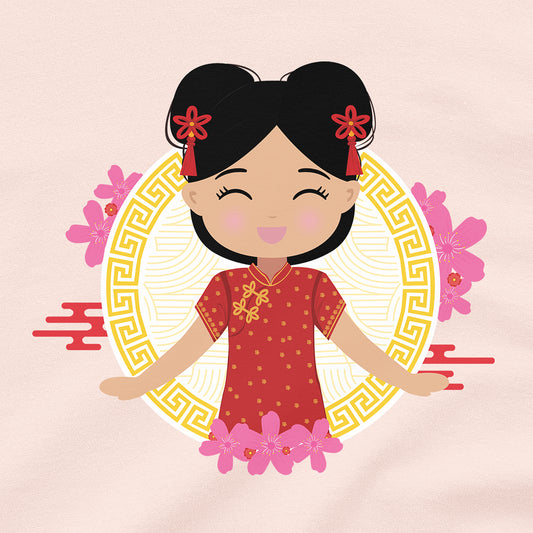 Close-up of Chinese Cultural Celebration baby and kids tee showing a smiling girl in a red and gold qipao with double buns, red hair accessories, and pink floral details on a circular gold background.