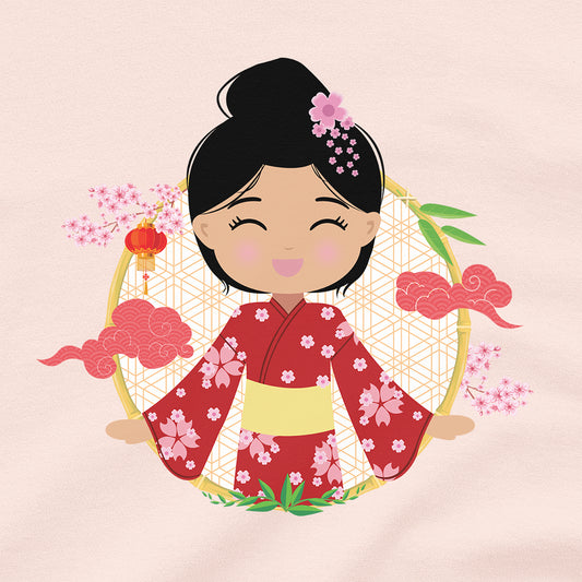 Close-up of the Japanese Cultural Celebration design showing a smiling girl with a high bun and pink flower, wearing a red sakura-patterned kimono with a yellow obi sash, with cherry blossoms and traditional elements.