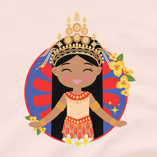 Close-up of Cambodian Cultural Celebration women’s tee showing a smiling girl in a sampot with a mokot ksatrey crown, champei flowers, and a red and blue circular background.
