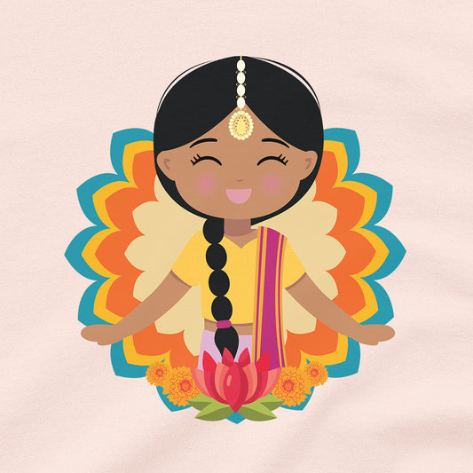 Close-up of the Indian Cultural Celebration design showing a smiling girl with black braided hair and a gold maang tikka, wearing a yellow lehenga with a pink dupatta, set against a mandala-inspired background with a lotus flower.