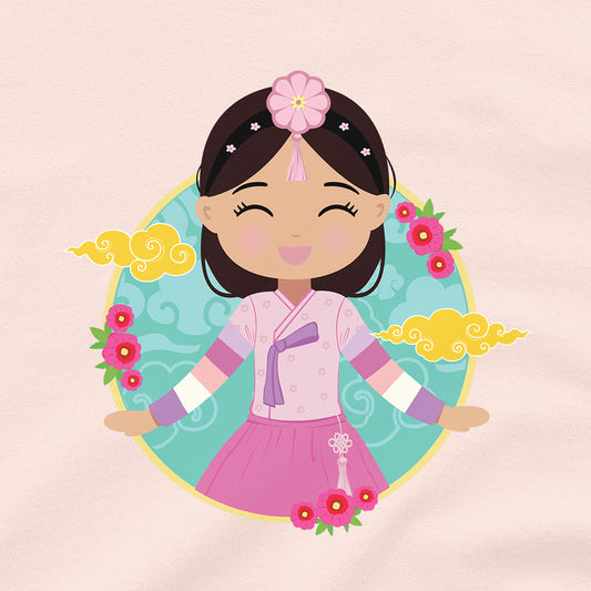 Close-up of the Korean Cultural Celebration design showing a smiling girl with long hair adorned with a daenggi ribbon and a jokduri headpiece, wearing a pink hanbok with a norigae ornament, with floral elements and traditional patterns.