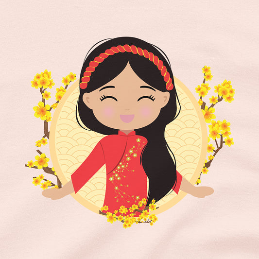 Close-up of the printed illustration on the women’s tee featuring a smiling girl wearing a red áo dài with delicate mai flower details.
