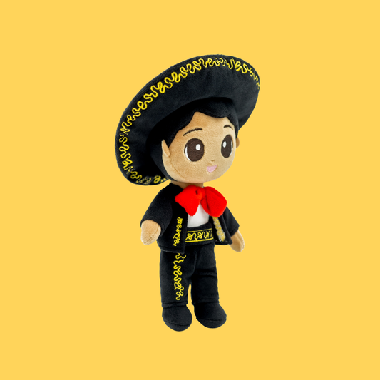 Right-side view of Mateo 🎸 in a traditional black Mariachi outfit with gold trim, red bow tie, and wide sombrero, honoring the joy and tradition of Mexican music and culture.