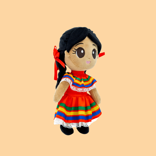 Right-side view of Xochitl 🌸 in her colorful traditional Jalisco folklórico dress, inspired by Mexico’s joyful folk dancers and rich cultural heritage, with braided black hair and embroidered smiling face against a peach background.