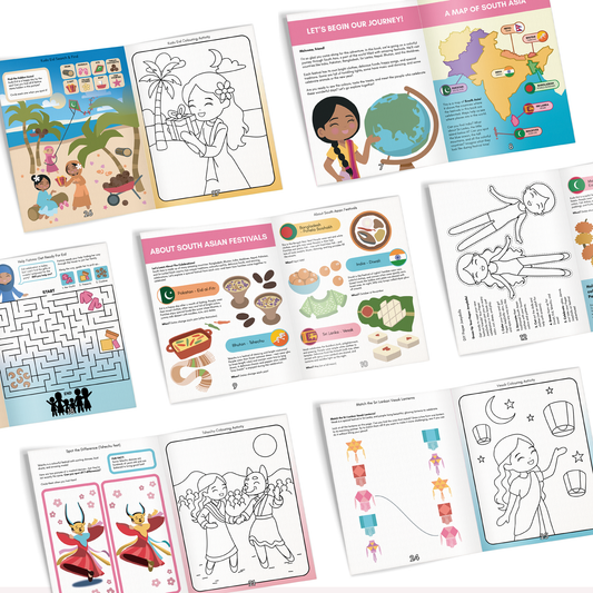 Inside pages of Celebrate Together activity book with colouring and games