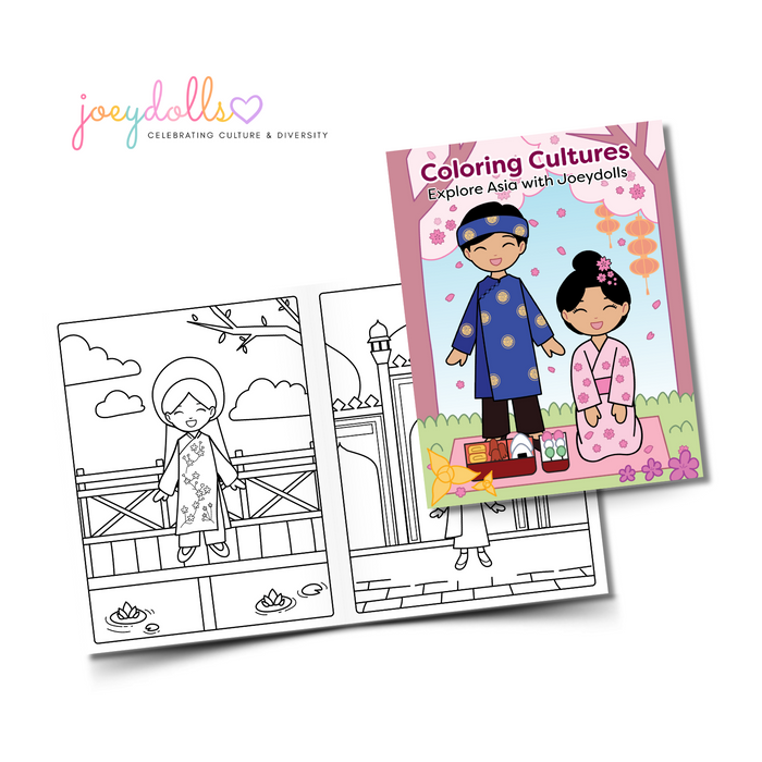 Coloring Cultures activity book cover with sample coloring pages featuring Asian heritage–inspired illustrations.