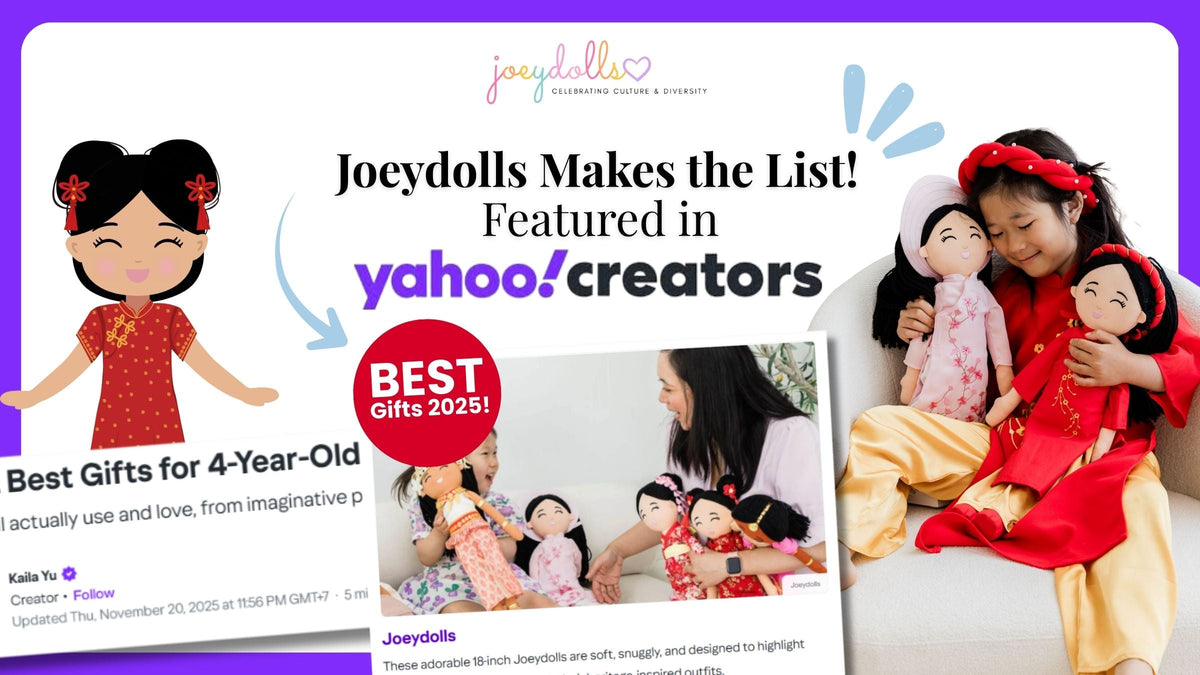 Graphic announcing Joeydolls being featured in Yahoo Creators’ Best Gifts 2025 list, showing children holding and playing with Joeydolls dressed in cultural outfits, along with the Yahoo Creators logo and a red badge that reads ‘Best Gifts 2025.’