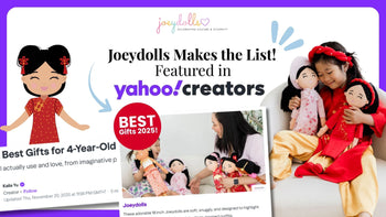 Graphic announcing Joeydolls being featured in Yahoo Creators’ Best Gifts 2025 list, showing children holding and playing with Joeydolls dressed in cultural outfits, along with the Yahoo Creators logo and a red badge that reads ‘Best Gifts 2025.’