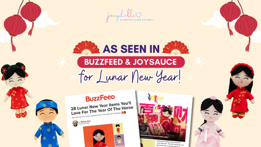 Promotional graphic for Joeydolls featuring the text "AS SEEN IN BUZZFEED & JOYSAUCE for Lunar New Year!" surrounded by four plush dolls in traditional Asian attire, red lanterns, and fan illustrations.