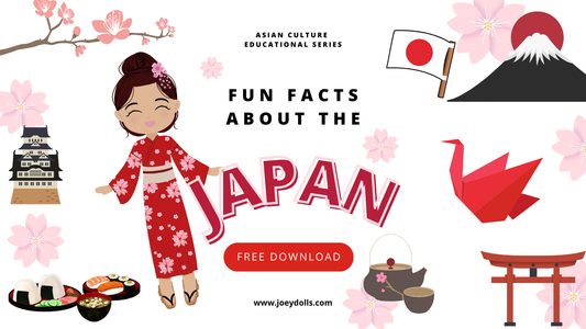 Illustration of a Japanese girl in a red kimono with text “Fun Facts About Japanese” from Joeydolls Asian Culture Educational Series.