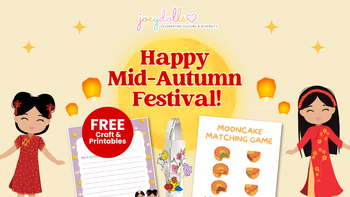 Mid-Autumn Festival printables for kids including lantern craft, moon note, and mooncake matching game by Joeydolls.