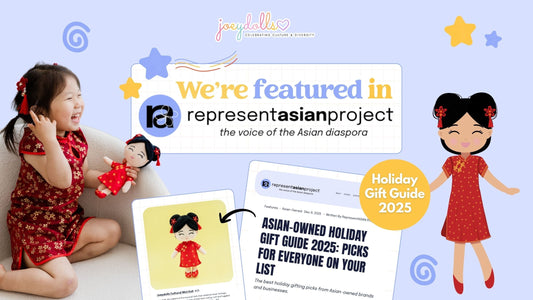 Joeydolls cultural doll featured in the RepresentAsian Project Holiday Gift Guide 2025, shown with a child playing and product highlights.