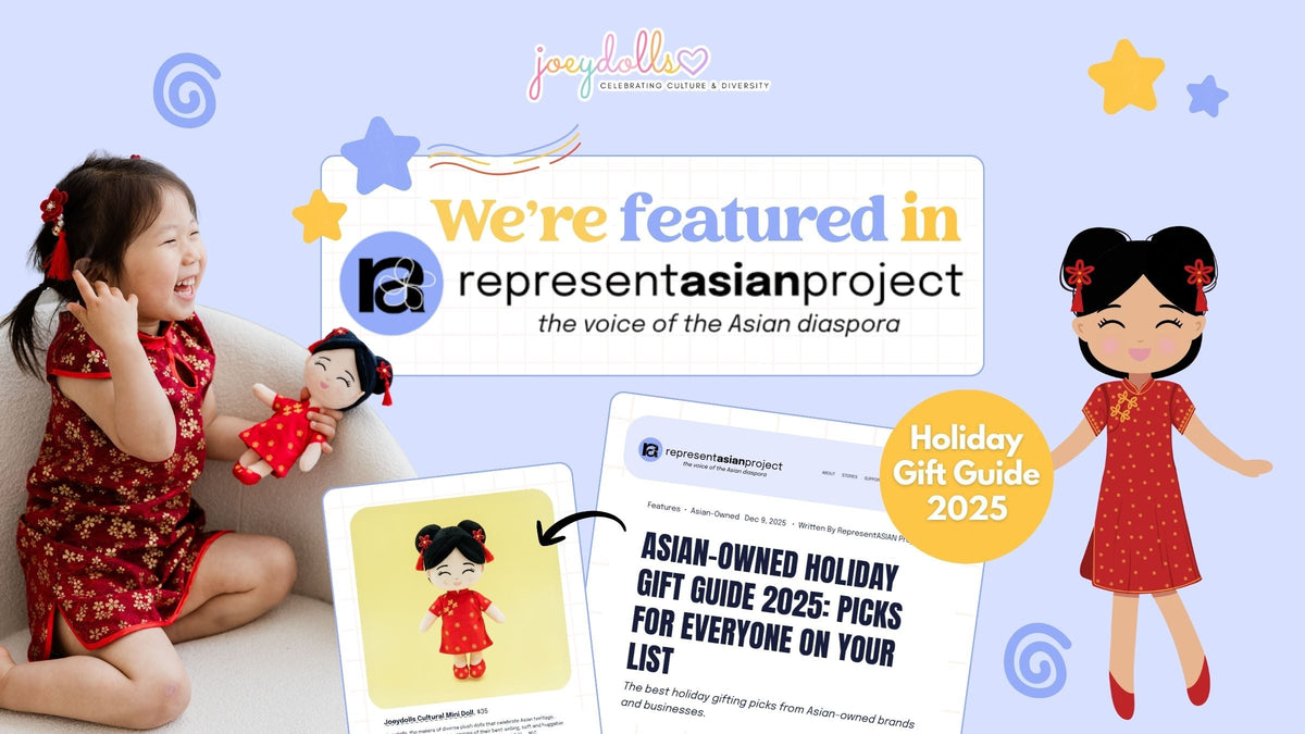 Joeydolls cultural doll featured in the RepresentAsian Project Holiday Gift Guide 2025, shown with a child playing and product highlights.