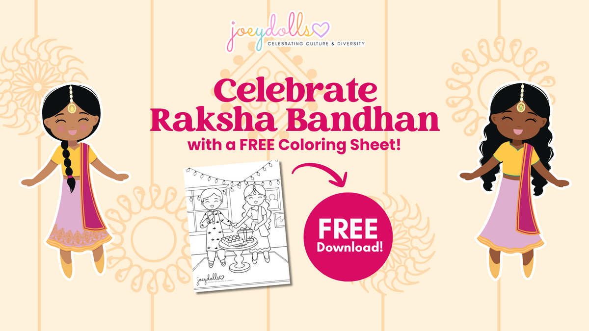 Illustrated Raksha Bandhan coloring sheet preview featuring a smiling brother and sister, with festive decorations and a Joeydolls South Asian doll character inviting kids to download and celebrate.