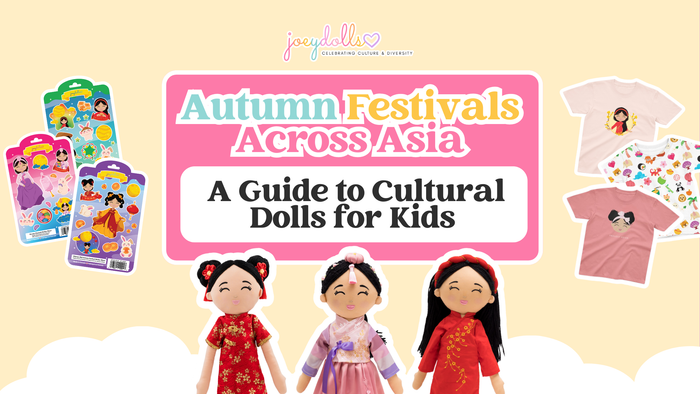Colorful Joeydolls banner titled ‘Autumn Festivals Across Asia: A Guide to Cultural Dolls for Kids,’ featuring three soft dolls in traditional Asian festival outfits, decorative sticker sheets, and children’s T-shirts on a purple and pink background.