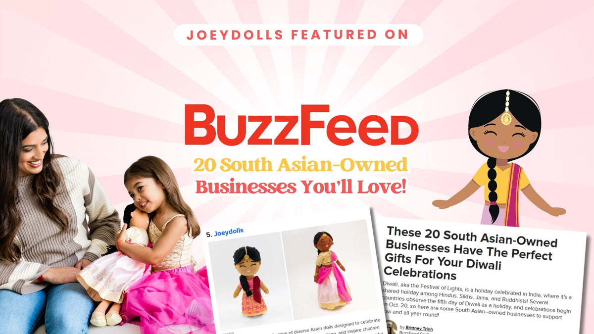 Joeydolls featured on BuzzFeed as one of 20 South Asian-owned businesses to love. Image shows a young girl in a cream and pink dress holding the Priya Indian Cultural Doll.