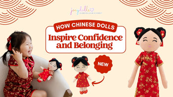 A young Asian girl wearing a red cheongsam sits smiling and holding a matching Chinese doll. Next to her are two more Chinese dolls in red traditional dresses, with text that reads “How Chinese Dolls Inspire Confidence and Belonging.”