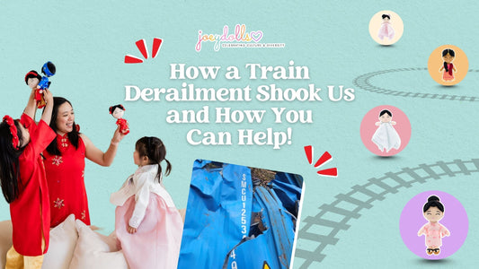 A mother and her two young daughters play with cultural Joeydolls, surrounded by illustrations of dolls and shipping boxes, with the headline ‘How a Train Derailment Shook Us and How You Can Help’ displayed above.