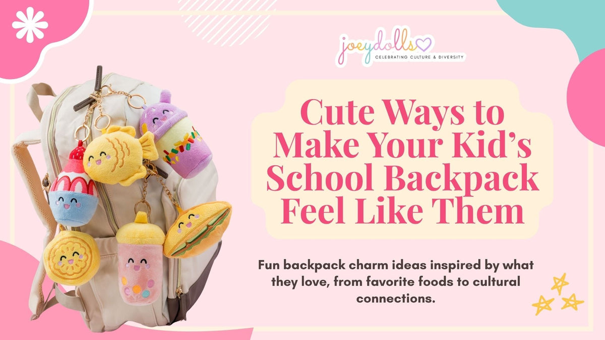 Joeydolls Food Pals plush backpack charms clipped to a pastel school backpack, featuring colorful food-inspired characters and cute bag accessories.
