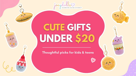 Selection of Joeydolls gifts under $20, including Food Pals plush characters and small gift accessories arranged for a child or teen.
