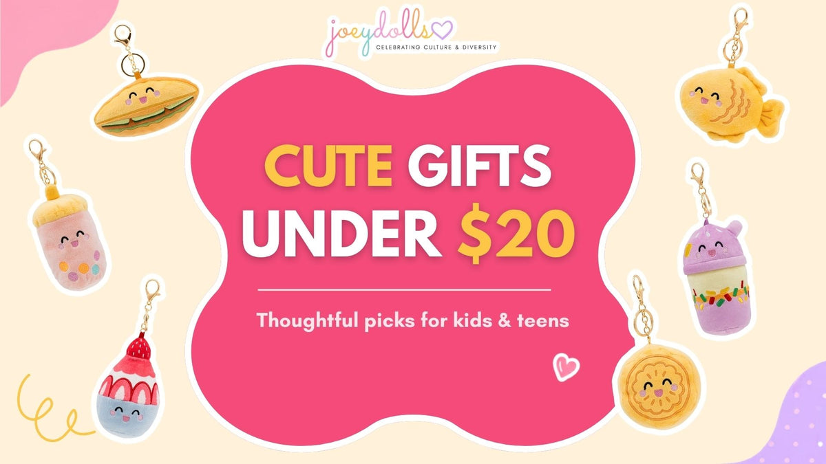 Selection of Joeydolls gifts under $20, including Food Pals plush characters and small gift accessories arranged for a child or teen.