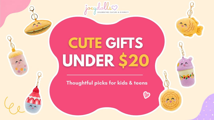 Selection of Joeydolls gifts under $20, including Food Pals plush characters and small gift accessories arranged for a child or teen.