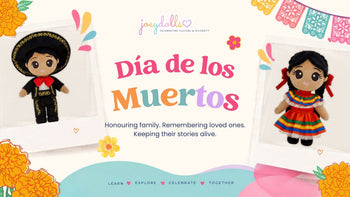 Mateo and Xochitl in a Día de los Muertos graphic with marigolds and papel picado.