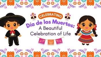 Illustration celebrating Día de los Muertos featuring a boy in a traditional black mariachi outfit and a girl in a colorful Mexican dress. The text reads “Celebrating Día de los Muertos: A Beautiful Celebration of Life,”.