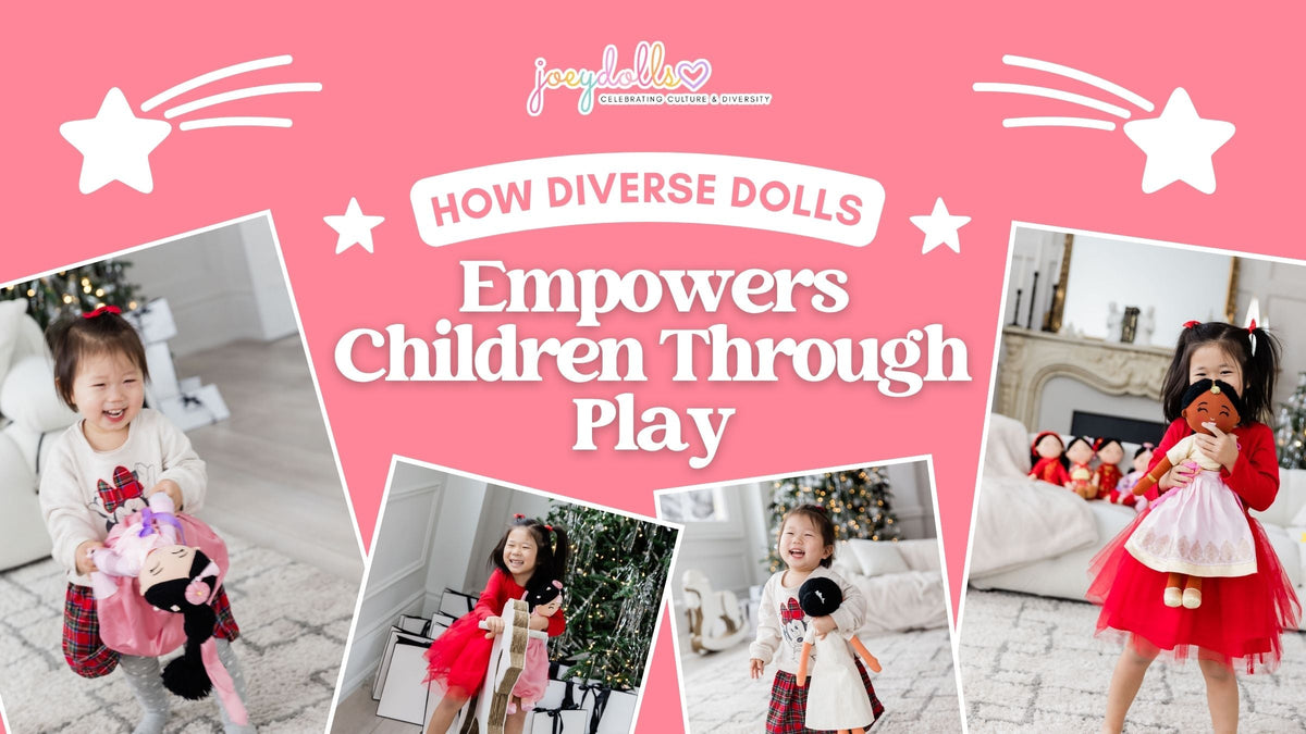 Young children joyfully playing and hugging diverse Asian cultural dolls from Joeydolls, showcasing how inclusive toys empower confidence and imagination through play.